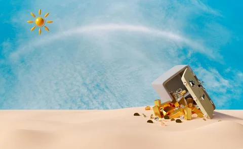 Abstract of safe box full of coins,gold bar,diamond with island or sandy be.. Illustrazione stock