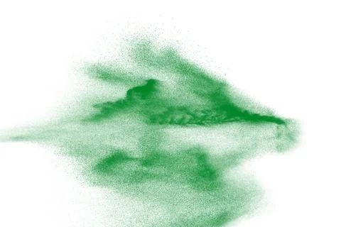Abstract sand cloud. Green sand splash against on white background. Sandy f.. Stock Photos