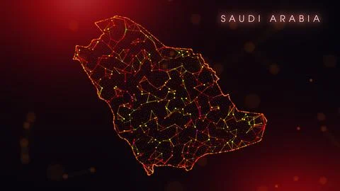 Abstract Saudi Arabia Map Digital Network Background With Red And Orange Pl.. Illustrazione stock