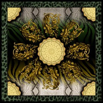 Abstract scarf pattern design with geometric. For textile printing. modern art f Stock Illustration