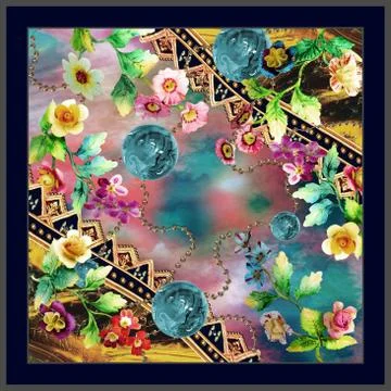 Abstract scarf pattern design with geometric. For textile printing. modern art f Stock Illustration