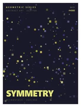Abstract scatter pattern with colorful floating geometric shapes on dark navy Illustrazione stock