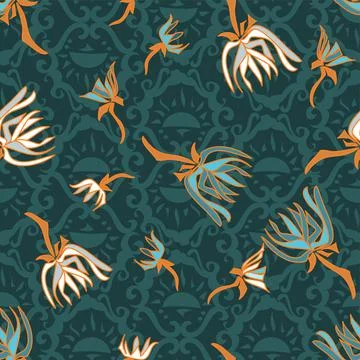 Abstract, Scattered Floral Pattern In White, Blue And Orange On A Teal Backgr Illustrazione stock