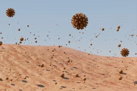 Abstract scene featuring falling spheres in a desert landscape. Illustrazione stock