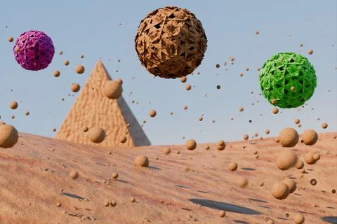 Abstract scene featuring floating spheres and a pyramid Illustrazione stock