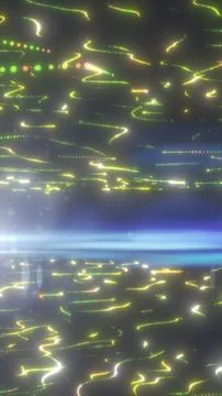 Abstract scene of glowing yellow and green light trails drifting across a d.. Stock Illustration