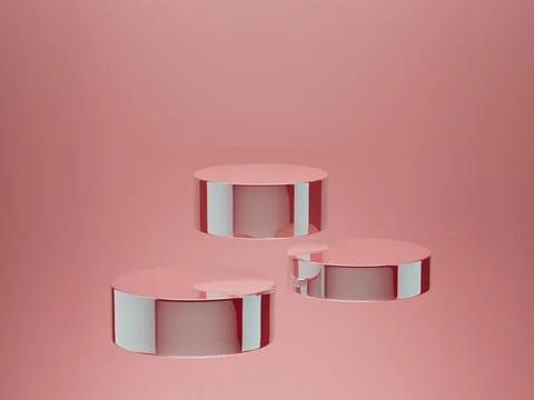 Abstract scene mockup - three round pink polish glossy cylinder podiums for c Stock Illustration