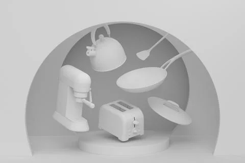 Abstract scene or podium with kitchen appliances and utensils on monochrome. Stock Illustration