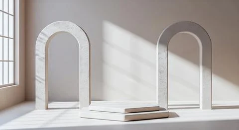 Abstract scene with stone podium between two white arches, modern minimalis.. Stock Photos