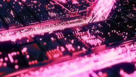 Abstract sci-fi circuit board with chips and violet light optical data signals Stock Footage 160270726