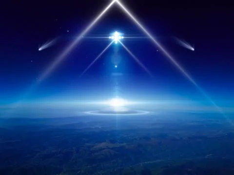 Abstract sci-fi collage - aliens space ship above aliens colony on planet Ear Fotos Stock