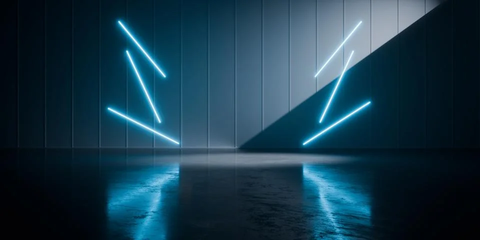 Abstract Sci Fi Corridor Tunnel With Harsh Glowing Laser Lines Over Industr.. Ilustração Stock