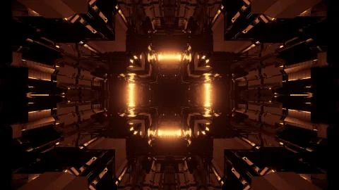 An abstract sci-fi illustration of golden futuristic light patterns on a dark Stock Illustration