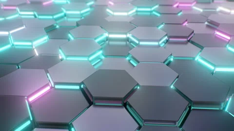 Abstract Sci-Fi Neon Glow Hexagon Cell Matrix Moves and Lights Flash Stock Footage 211520374