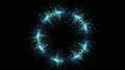 Abstract sci-fi virtual space of luminous particles oscillate and form wavy dot Stock Footage 115523946