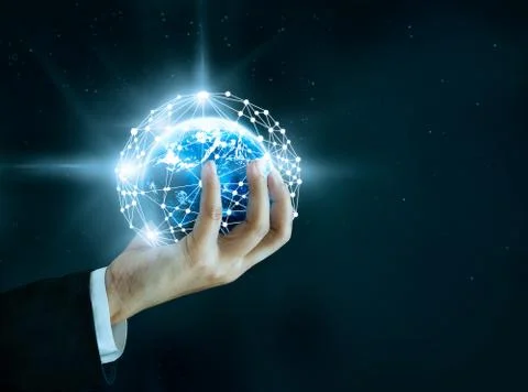 Abstract science, circle global network connection in hand on star. 스톡 사진