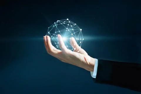 Abstract science, circle global network connection in hand of businessman Stock-Fotos