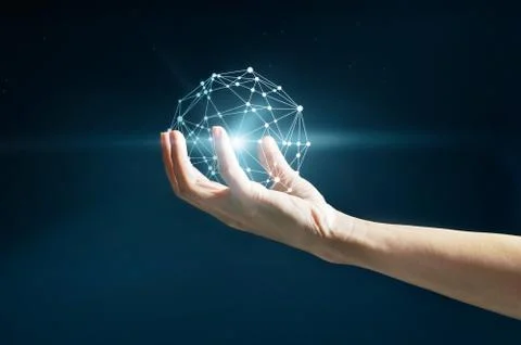 Abstract science, circle global network connection in hand, night background Fotos Stock