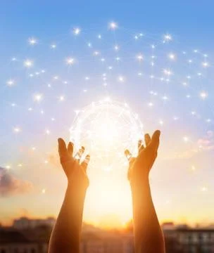 Abstract science, circle global network connection in hands on sunset backg.. 스톡 사진