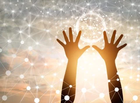 Abstract science, circle global network connection in hands on sunset 库存照片