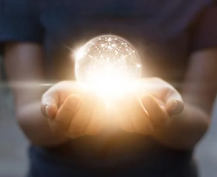 Abstract science, circle global network connection in hands 库存照片