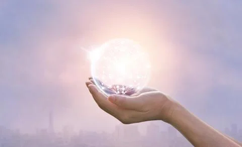 Abstract science, circle global network connection in hands on sunset 스톡 사진