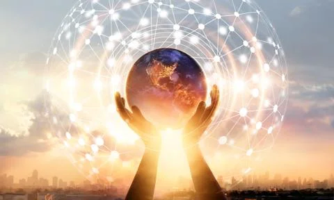 Abstract science. Hands touching earth and circle global network connection. Stock Photos