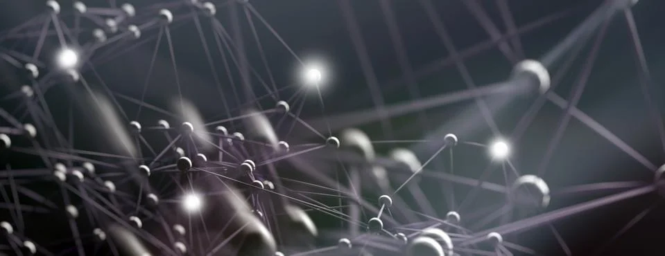Abstract science molecular structure network, dark background, banner, 3d ill Stock Illustration
