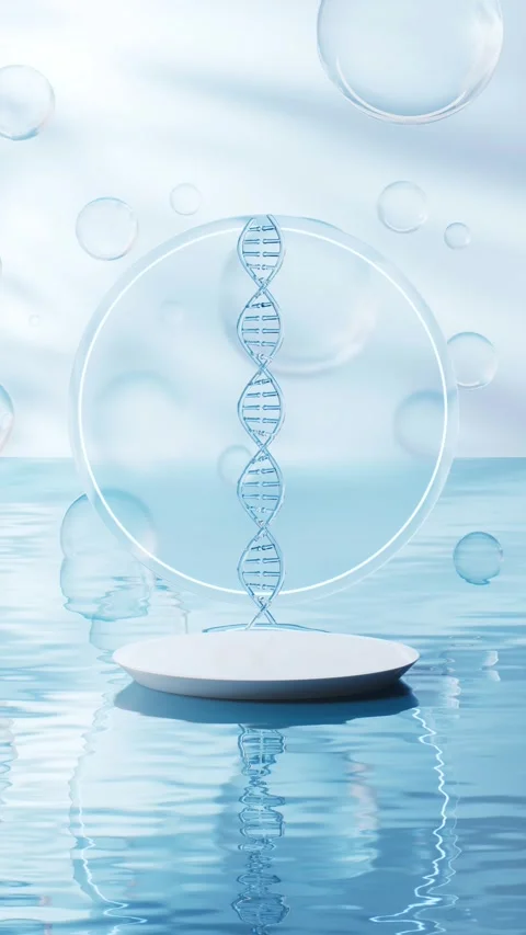 Abstract science motion graphic with DNA helix on podium over water surface.. Stock Footage 332315793