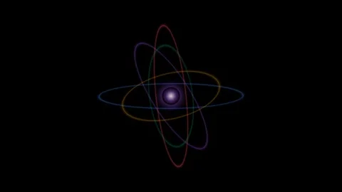 Abstract scientific visualization of an atom with glowing orbital paths Video stock 335117724