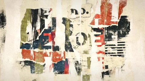 Abstract scratched wall texture combined with torn newspaper elements, creating Video stock 328703834