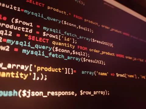 Abstract screen code background. Technology development concept texture. PHP  Stock Photos