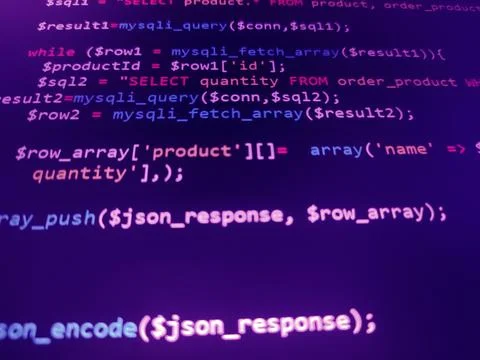 Abstract screen code background. Technology development concept texture. PHP  Stock Photos