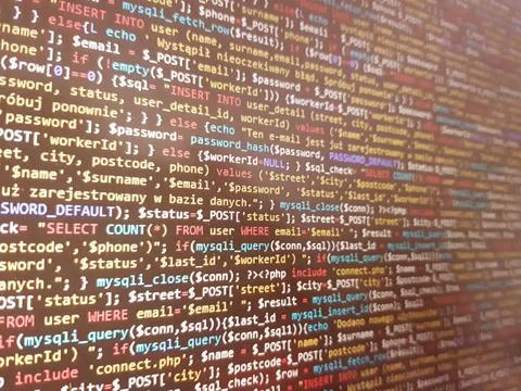 Abstract screen code background. Technology development concept texture. PHP  Stock Photos