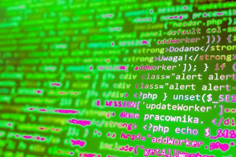 Abstract screen code background. Technology development concept texture. PHP  Stock Photos