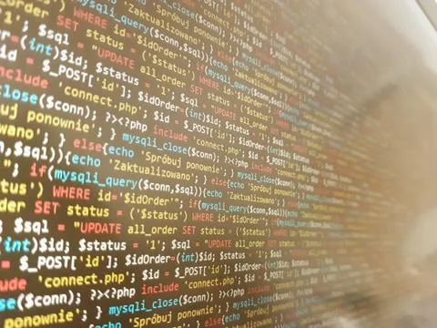 Abstract screen code background. Technology development concept texture. PHP  Stock Photos