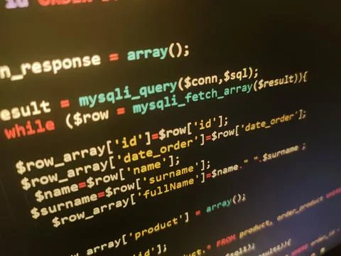 Abstract screen code background. Technology development concept texture. PHP  Stock Photos