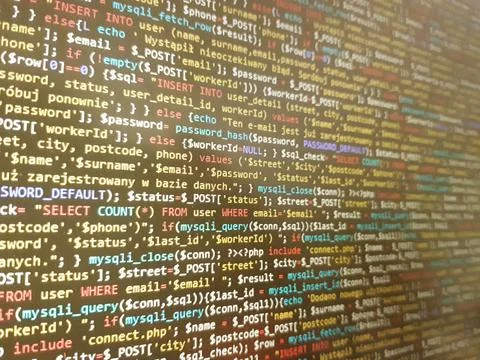 Abstract screen code background. Technology development concept texture. PHP  Stock Photos