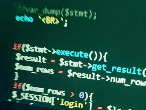 Abstract screen code background. Technology development concept texture. PHP  스톡 사진