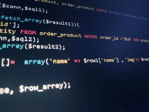 Abstract screen code background. Technology development concept texture. PHP  Stock Photos