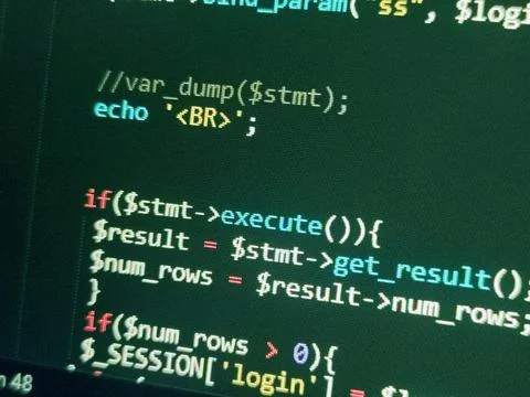 Abstract screen code background. Technology development concept texture. PHP  Stock Photos