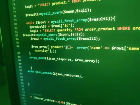 Abstract screen code background. Technology development concept texture. PHP  Stock Photos