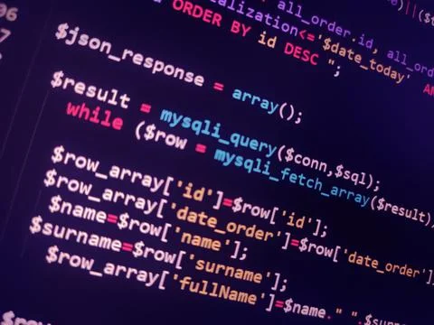 Abstract screen code background. Technology development concept texture. PHP  스톡 사진