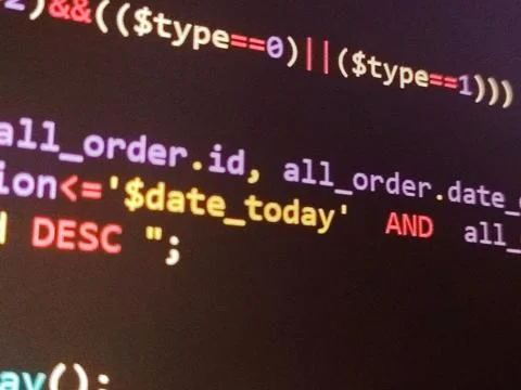 Abstract screen code background. Technology development concept texture. PHP  스톡 사진