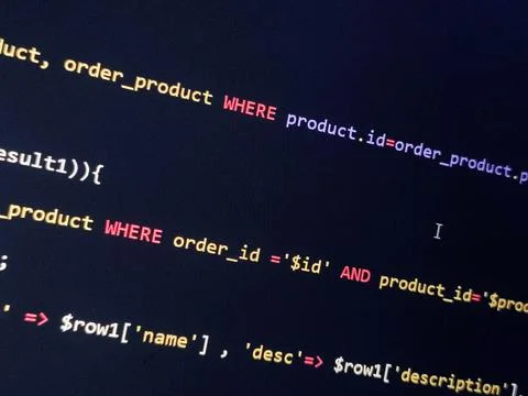 Abstract screen code background. Technology development concept texture. PHP  Stock Photos