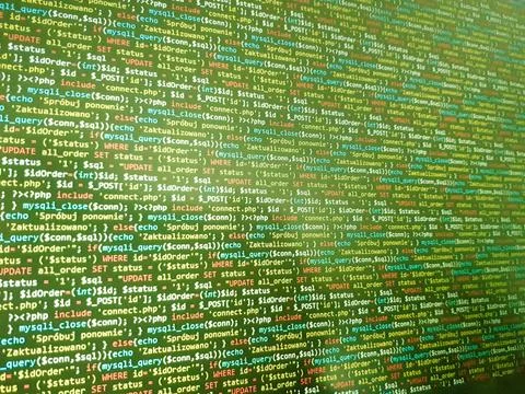 Abstract screen code background. Technology development concept texture. PHP  스톡 사진