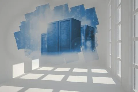 Abstract screen in room showing server towers Stock Illustration