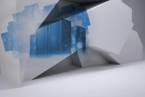 Abstract screen in room showing server towers Stock Illustration