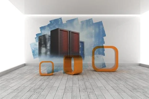 Abstract screen in room showing server towers Stock Illustration