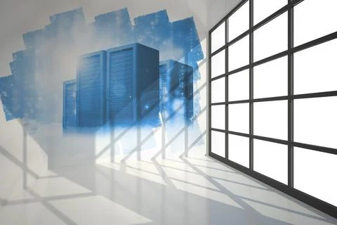 Abstract screen in room showing server towers Stock Illustration